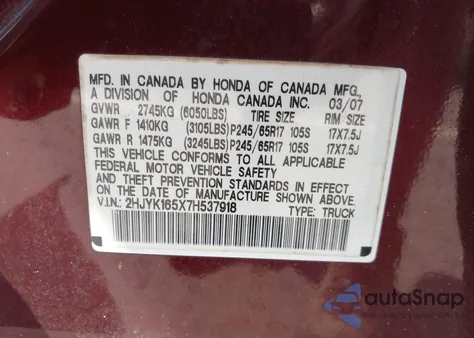 2007 Honda Ridgeline Rtl from USA, damaged, VIN 2HJYK165X7H537918